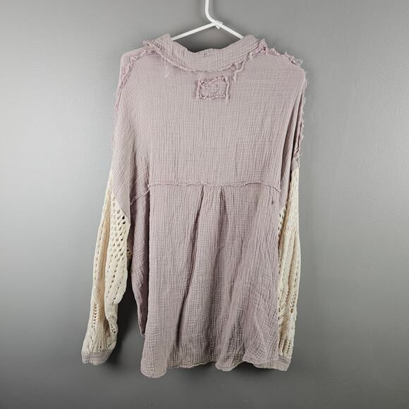 POL Boho Festival Crotchet Sleeve Oversized Button Down Top Size S - Picture 2 of 7